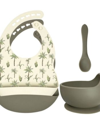 Set siliconen slabbetjes + kom met zuignap en lepel - Salie - Jungle Planten