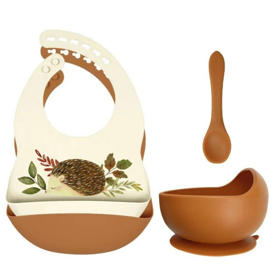 Set siliconen slabbetjes + kom met zuignap en lepel - Roest - Egel