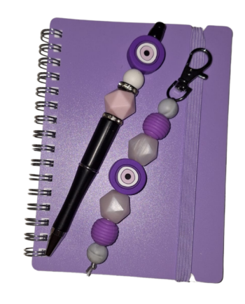 Paarse cadeauset notitieblokje - sleutelhanger - pen